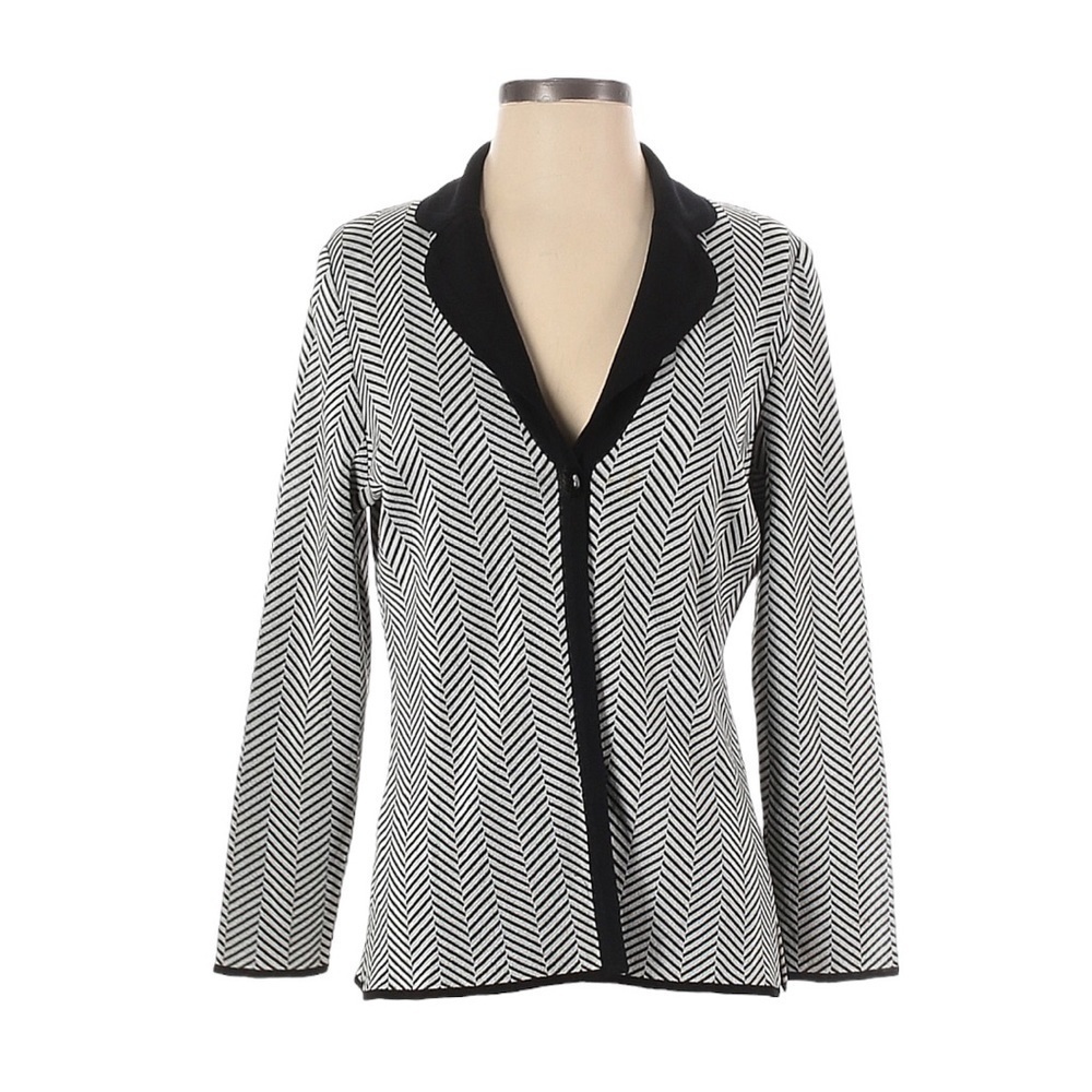 Misook Petite Chevron Knit Blazer S Gray Black One Button Cardigan Jacket Korea